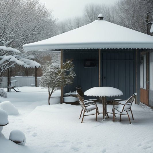 A serene winter scene: a snow-covered patio with empty spaces where furniture once sat, a few stray leaves and a forgotten umbrella leaning against a wall, with a garage or shed in the background.