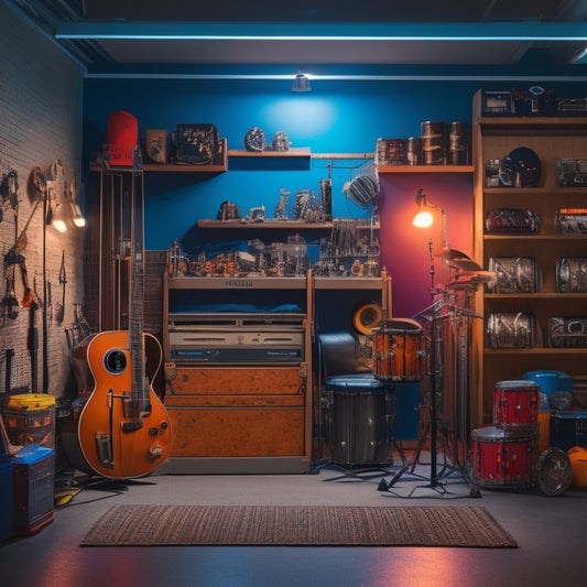 A tidy garage studio with a drum set, guitar, and music gear organized on wall-mounted shelves, hooks, and in labeled storage bins, with a neon-lit soundboard in the background.