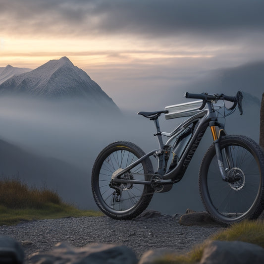 A sleek, silver, heavy-duty bike rack with thick, ruggedized pipes and sturdy hooks, mounted on a sturdy, black SUV, set against a misty, mountainous background at dawn.
