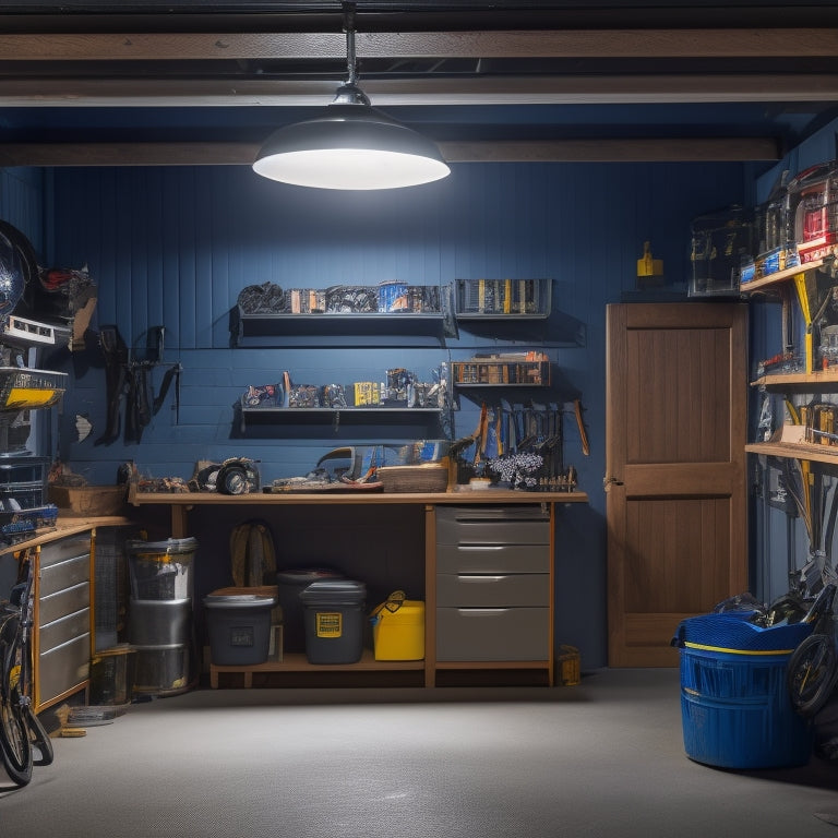 A cluttered, dimly lit garage with scattered tools and storage bins, contrasted with a bright, organized space featuring custom shelving solutions, maximizing storage and showcasing a small business's logo.