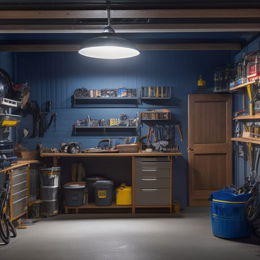 A cluttered, dimly lit garage with scattered tools and storage bins, contrasted with a bright, organized space featuring custom shelving solutions, maximizing storage and showcasing a small business's logo.
