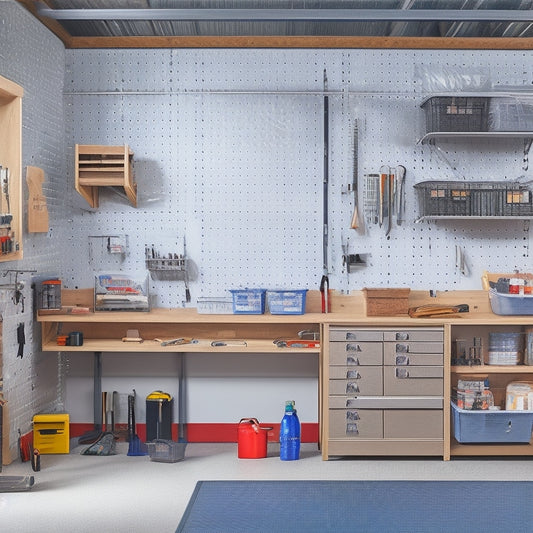 A clutter-free garage interior with slatwall panels, adjustable shelving, and bins, alongside a sleek workbench with built-in vice and a pegboard with organized tools and accessories.