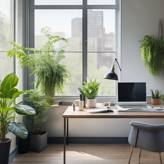A clutter-free, modern workspace with a minimalist desk, a sleek laptop, and a few, carefully-placed, green plants, set against a bright, natural light-filled background with a subtle cityscape view.