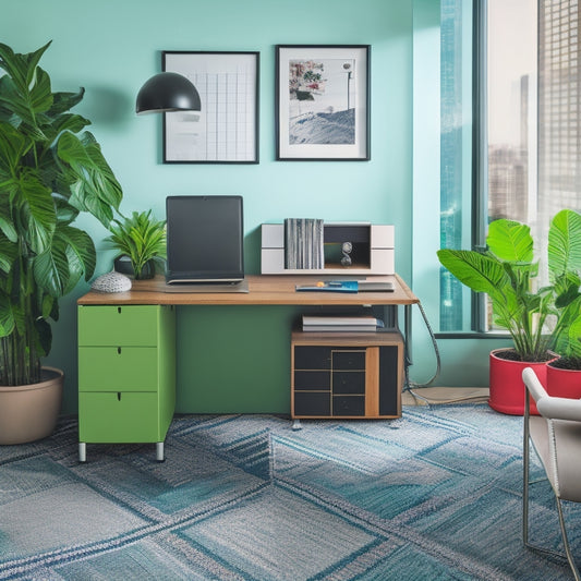 A colorful and clutter-free cubicle with a vibrant green plant on the corner, a geometric-patterned rug, and a minimalist desk adorned with a few artistic sculptures and a sleek, silver laptop.
