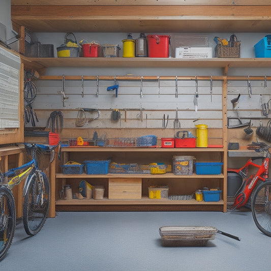 A cluttered garage with tools and storage bins scattered everywhere, transitioning to a tidy space with labeled shelves, hooks, and a sleek workbench, with a few tools and a bike organized neatly.