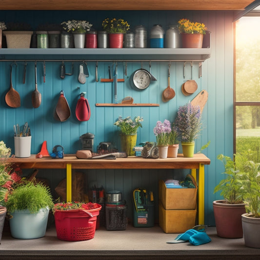 An organized garage with a pegboard, labeled bins, and a workbench, surrounded by spring elements like flowers, gardening tools, and a sunny window.