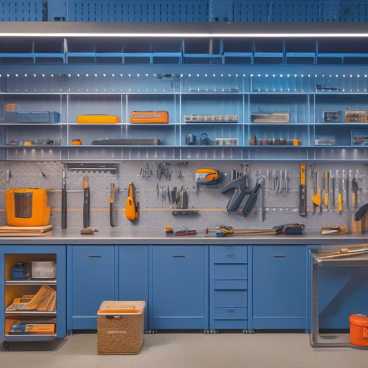 A well-lit, modern garage with a sleek, gray pegboard covering one wall, holding an assortment of neatly arranged tools, and a matching workbench with a built-in vice.