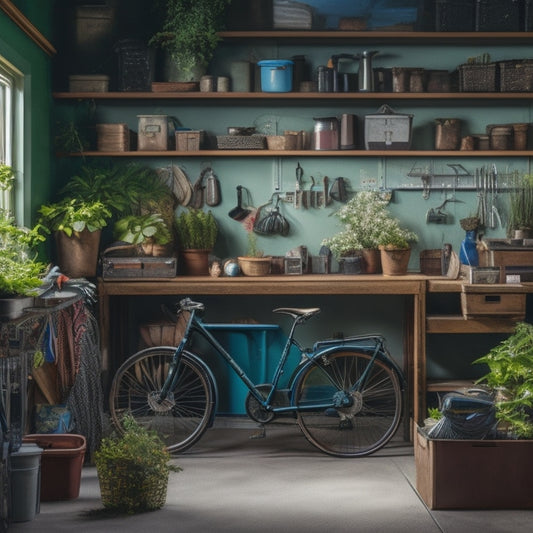 A cluttered garage with scattered tools, bicycles, and boxes, transformed into an organized space with labeled bins, a pegboard, and a sleek workbench, with a few well-placed plants.