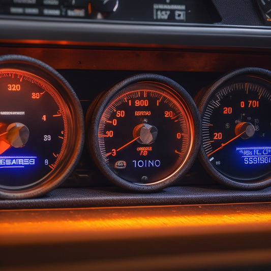A close-up of a dashboard with a bright orange wrench light illuminating, surrounded by darkened gauges and buttons, set against a dark blue or black background to emphasize urgency.
