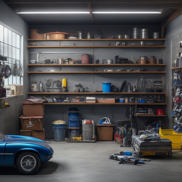 A cluttered garage with scattered tools, tangled cords, and stacked boxes, transformed into a tidy space with organized shelves, labeled bins, and a sleek, silver sports car parked in the center.