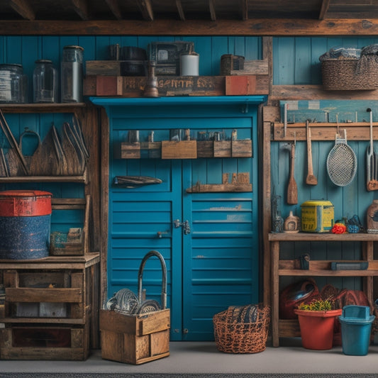 An organized garage with repurposed items: old pallets transformed into shelves, a vintage window converted into a pegboard, and a distressed ladder reused as a storage rack, surrounded by neatly arranged tools and accessories.