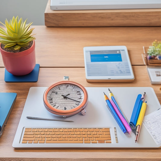 A clutter-free desk with a sleek laptop, a neatly organized planner, a set of colorful pens, and a minimalist clock in the background, surrounded by subtle productivity-themed icons.