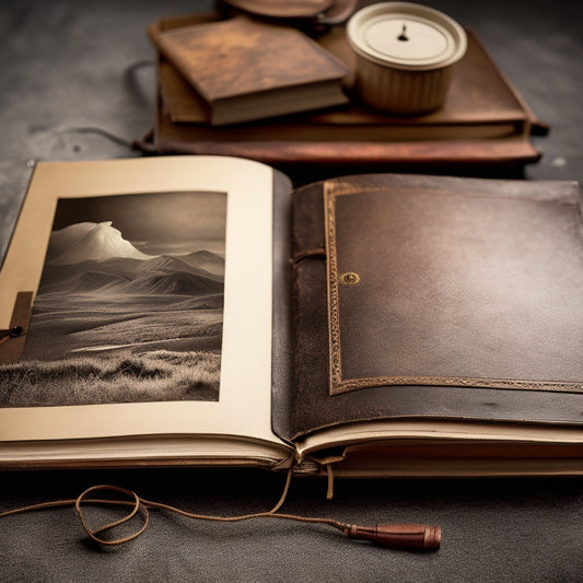 An old, worn-out photo album with yellowed pages, torn edges, and a cracked leather cover, with a few black and white photographs scattered around it, surrounded by modern scanning and editing equipment.