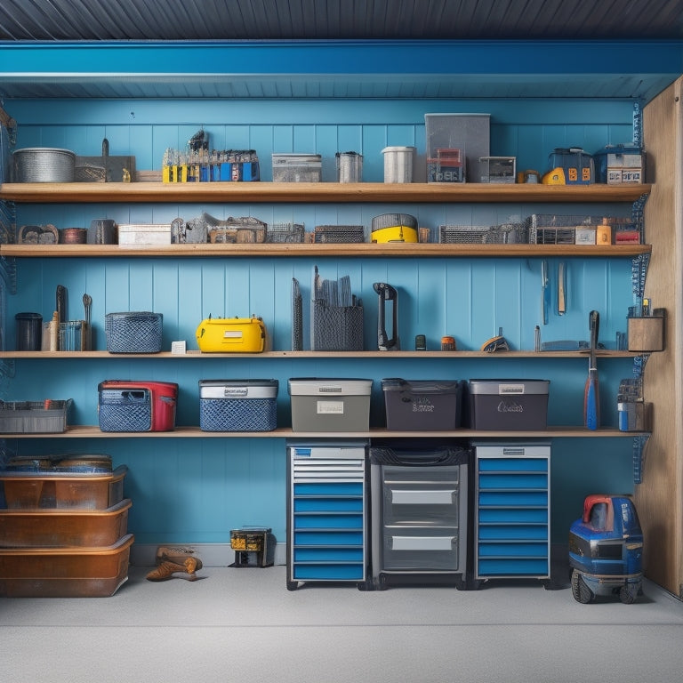 A well-organized garage with a wall-mounted shelving unit, featuring three tiers of sturdy metal shelves holding frequently used tools, including a drill, wrench, and pliers, with a toolbox and storage bins below.