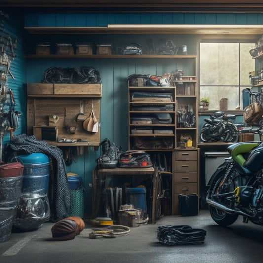 A cluttered garage with a motorcycle squeezed between disorganized toolboxes and scattered accessories, contrasted with a tidy garage featuring a motorcycle parked in front of sleek, custom shelving units.