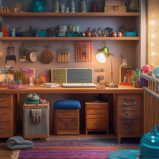 A tidy, well-lit workspace featuring a wooden desk with multiple small drawers, a pegboard with hanging jewelry findings, and a rotating bead organizer filled with colorful beads and findings.
