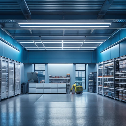A futuristic, high-ceilinged garage with sleek, silver storage units, polished concrete floors, and rows of organized tools and machinery, illuminated by bright, LED lighting.