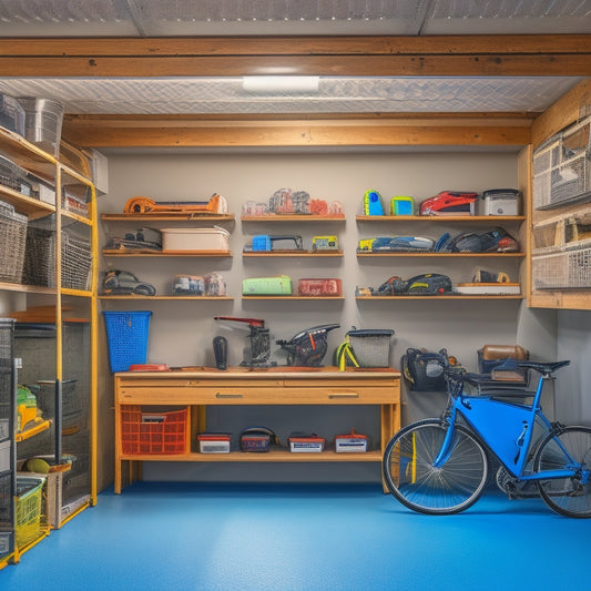 A cluttered garage with tools scattered on the floor, bicycles leaning against the wall, and storage bins stacked haphazardly, transformed into a organized space with labeled bins, a pegboard, and a sleek workbench.