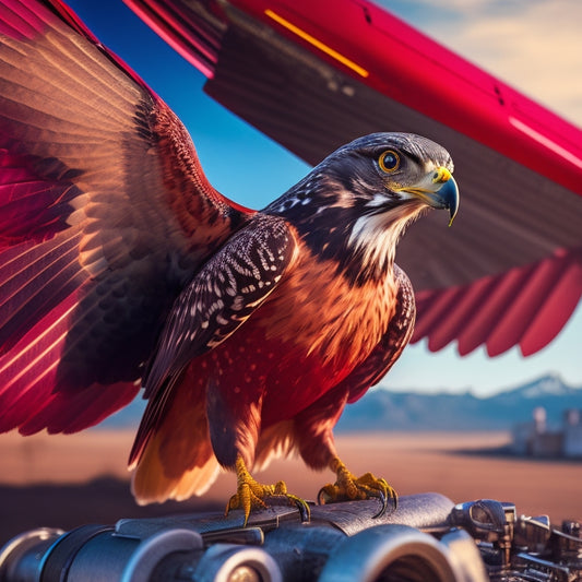 A close-up of a red hawk in mid-flight, wings spread wide, set against a backdrop of a blurred-out aircraft engine, with a subtle gleam of metallic maintenance tools in the foreground.