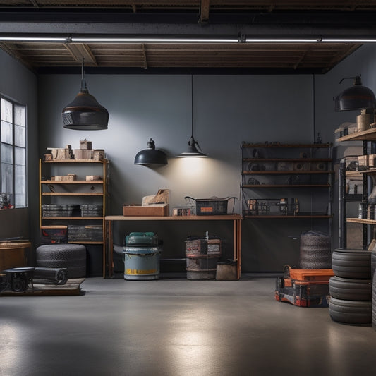 A well-lit garage interior with sturdy, industrial-style metal shelving units, holding multiple heavy items like toolboxes, tires, and machinery, with a concrete floor and neutral-colored walls.
