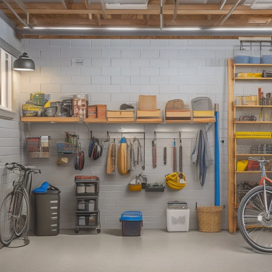 A well-organized garage with a slatwall featuring hooks, bins, and baskets, a pegboard with tools, and a floor-to-ceiling shelving unit with labeled containers and a few bicycles hung from the ceiling.