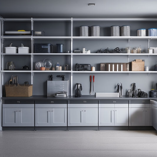 A well-lit, modern garage with sleek, wall-mounted shelves and cabinets in a calming gray and white color scheme, featuring a variety of neatly organized tools, bins, and sports equipment.