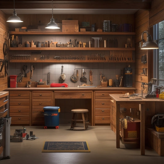 A well-lit, organized garage workshop with a sturdy, L-shaped workbench featuring a vice, various tool holders, and a wooden top with a slight wood grain texture, surrounded by cabinets and pegboards.