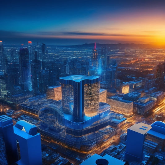 A futuristic, glowing puzzle piece fitting into a larger business landscape, surrounded by rising charts, gears, and cogs, with a subtle cityscape at dusk in the background, symbolizing digital marketing-driven growth.