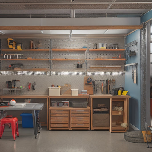 A well-organized garage with a silver metal shelving unit holding stacked plastic bins, a slatted wood workstation with a vice, and a pegboard with hanging tools and accessories.