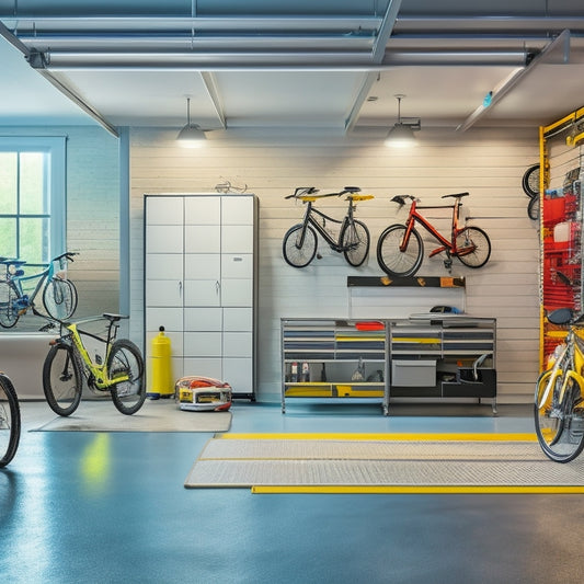 A well-lit, organized garage with a sleek epoxy-coated floor, white cabinets, and a pegboard with neatly arranged tools, surrounded by a few parked bicycles and a sports car in the background.