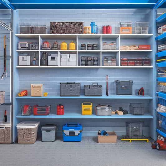 A well-organized garage with a sleek, silver pegboard on the wall, holding various tools and accessories, accompanied by labeled bins and baskets on a custom-built shelving unit, and a clean, polished floor.