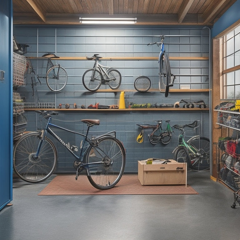 A tidy, L-shaped garage with a wall-mounted pegboard, slotted storage bins, and a compact workbench, surrounded by a few well-organized bicycles and a small, sleek sports car.