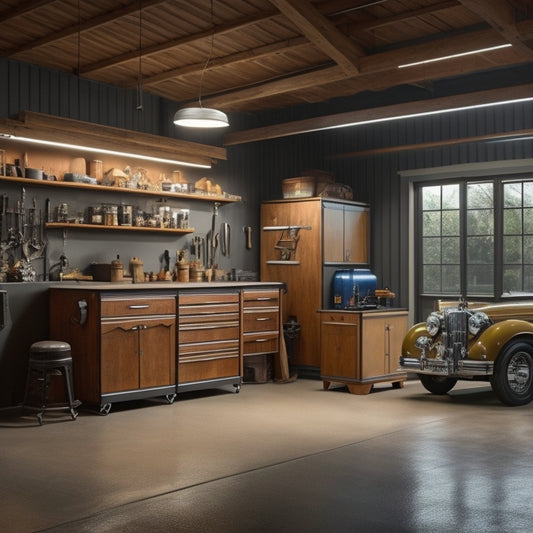 A well-lit, spacious garage with epoxy-coated floors, sleek metal cabinets, and a large wooden workbench in the center, surrounded by neatly organized tools and a vintage car in the background.