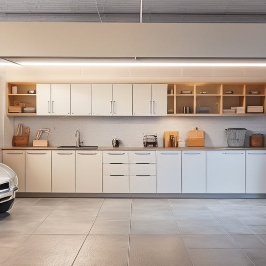 A modern garage with cream-colored cabinets featuring sleek handles, polished chrome accents, and a mix of open shelving and closed storage, surrounded by a sleek epoxy-coated floor and warm LED lighting.