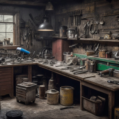 A cluttered garage workshop with a mix of old and new tools scattered around, including a worn-out workbench, socket sets, wrenches, pliers, and a laptop with a spreadsheet open on the screen.