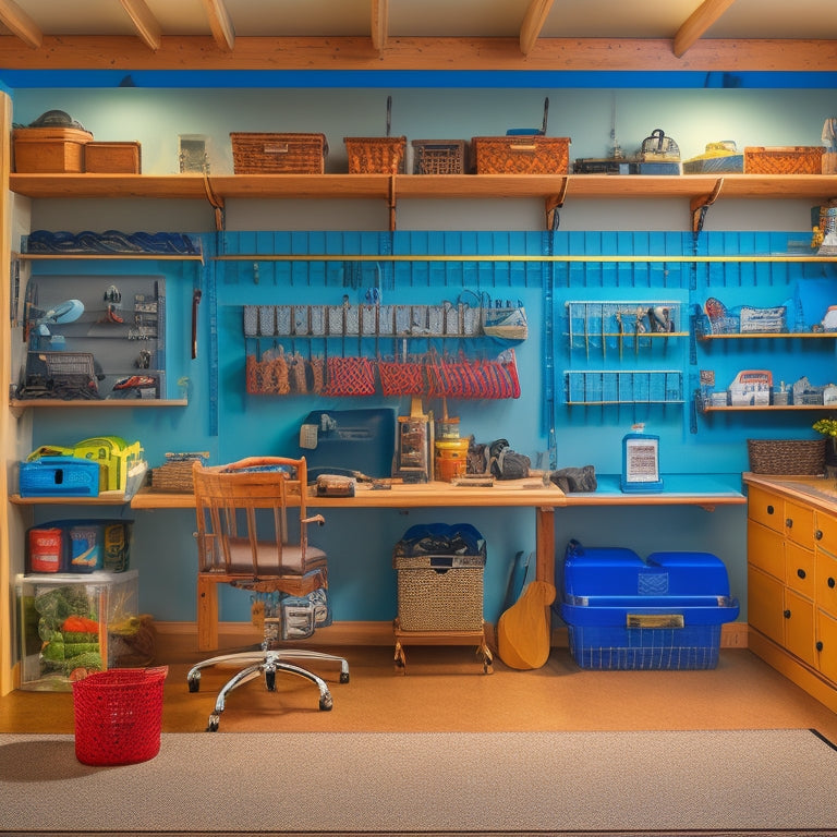 A clutter-free garage with a pegboard displaying organized fishing rods, reels, and tackle boxes, alongside a shelved cabinet storing coolers and a corner workstation with a built-in vice.