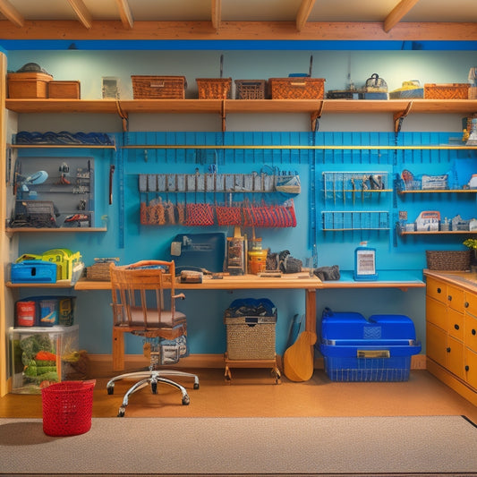 A clutter-free garage with a pegboard displaying organized fishing rods, reels, and tackle boxes, alongside a shelved cabinet storing coolers and a corner workstation with a built-in vice.