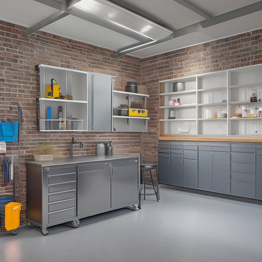 A well-organized garage with a sleek, modern epoxy-coated floor, featuring a wall-mounted slatwall with hooks, baskets, and bins, and a custom-built workstation with a stainless steel countertop.
