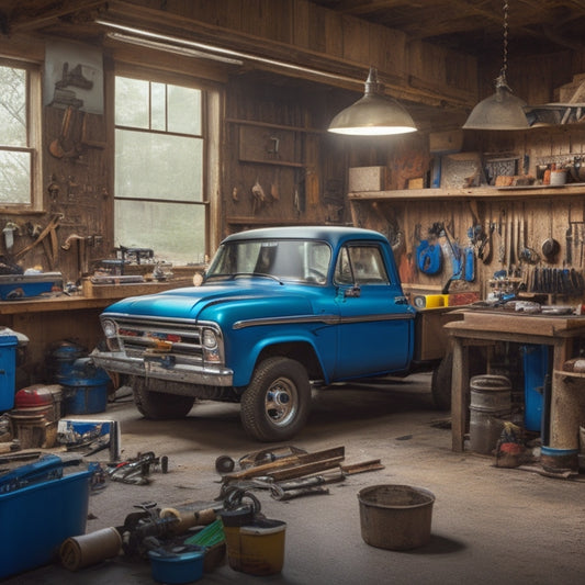 A cluttered garage with a partially disassembled Chevrolet pickup truck, surrounded by scattered tools, a workbench with a torn repair manual, and a faint outline of a mechanic's silhouette in the background.