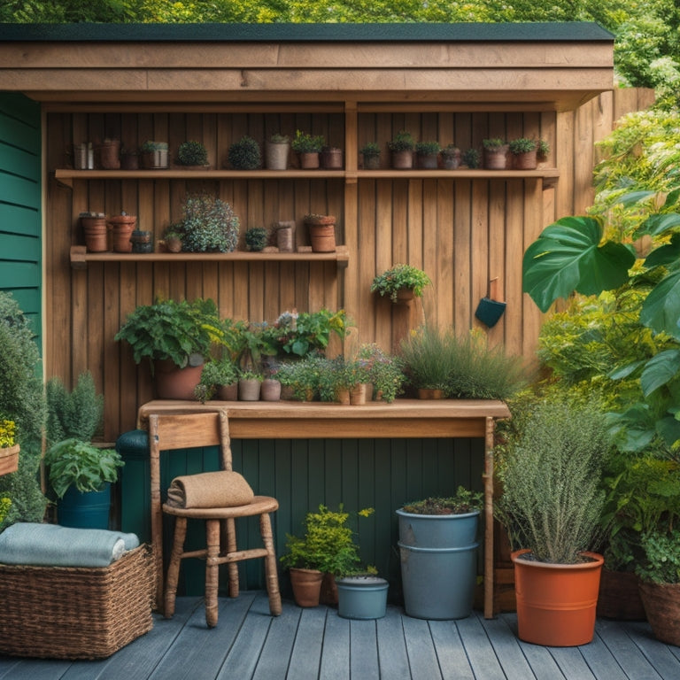 A serene, well-organized garden shed with a slatted wooden bench, surrounded by lush greenery, featuring wall-mounted planters, a pegboard with gardening tools, and stacked wooden crates with potted plants.