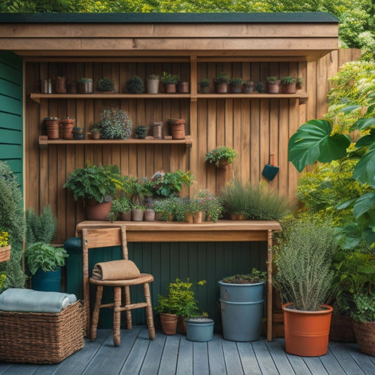 A serene, well-organized garden shed with a slatted wooden bench, surrounded by lush greenery, featuring wall-mounted planters, a pegboard with gardening tools, and stacked wooden crates with potted plants.