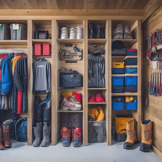 A clutter-free garage or storage room with organized shelves and bins, featuring stacked winter gear like skis, snowboards, and boots, with labeled compartments and hooks for hanging jackets and accessories.