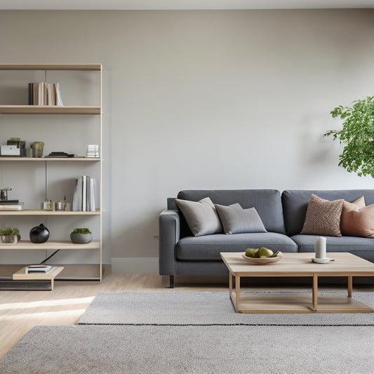 A clutter-free, modern living room with a sleek, wall-mounted shelf system, a storage ottoman, and a hidden compartment coffee table, surrounded by minimal decorative items and plenty of negative space.