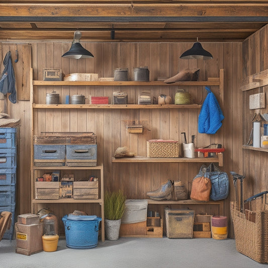 A well-organized garage with a mix of repurposed items like old pallets and crates, alongside budget-friendly storage solutions like stackable bins and hooks, all arranged in a clean and clutter-free space.