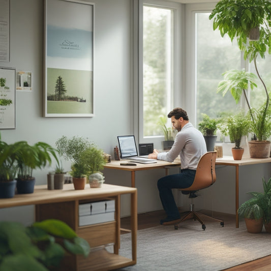 A serene, minimalist workspace with a small business owner sitting calmly at a tidy desk, surrounded by neatly labeled folders, a few thriving plants, and a hint of natural light.