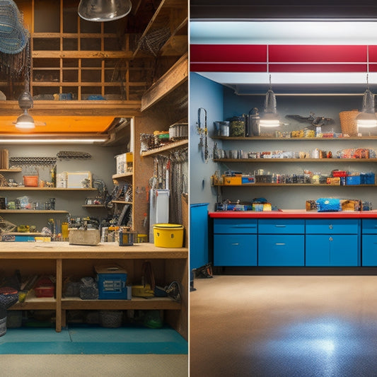 A before-and-after split-screen image: a cluttered, dimly lit garage with scattered tools and boxes on the left, versus a renovated, bright, and organized space with sleek cabinets and a shiny epoxy floor on the right.