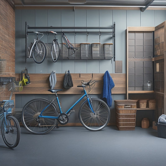 A well-lit garage interior with sleek metal cabinets, labeled bins, and a slatwall with hooks, baskets, and a pegboard, showcasing a clean and organized space with a few bicycles and tools.