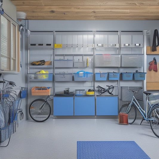 A clutter-free garage with a sleek, gray epoxy floor, organized toolboxes, and labeled bins on slatwall panels, surrounded by a pegboard with neatly hung bicycles and gardening tools.