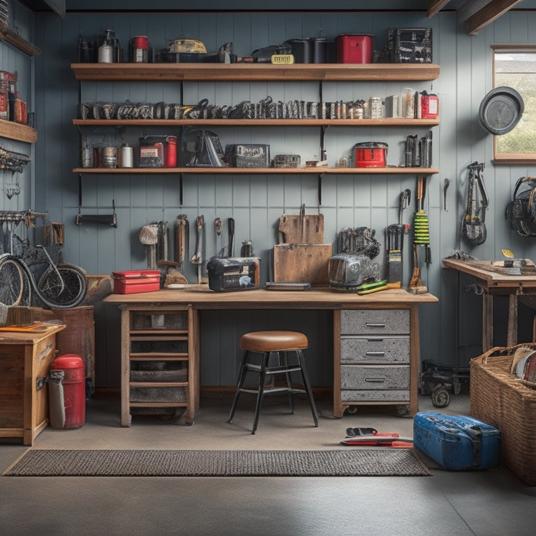 A cluttered garage with a folding table leaning against a wall, surrounded by various tools and equipment, contrasted with a clean and organized garage featuring a sleek, wall-mounted storage system holding the same table and items.