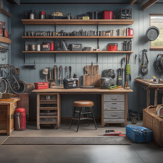 A cluttered garage with a folding table leaning against a wall, surrounded by various tools and equipment, contrasted with a clean and organized garage featuring a sleek, wall-mounted storage system holding the same table and items.